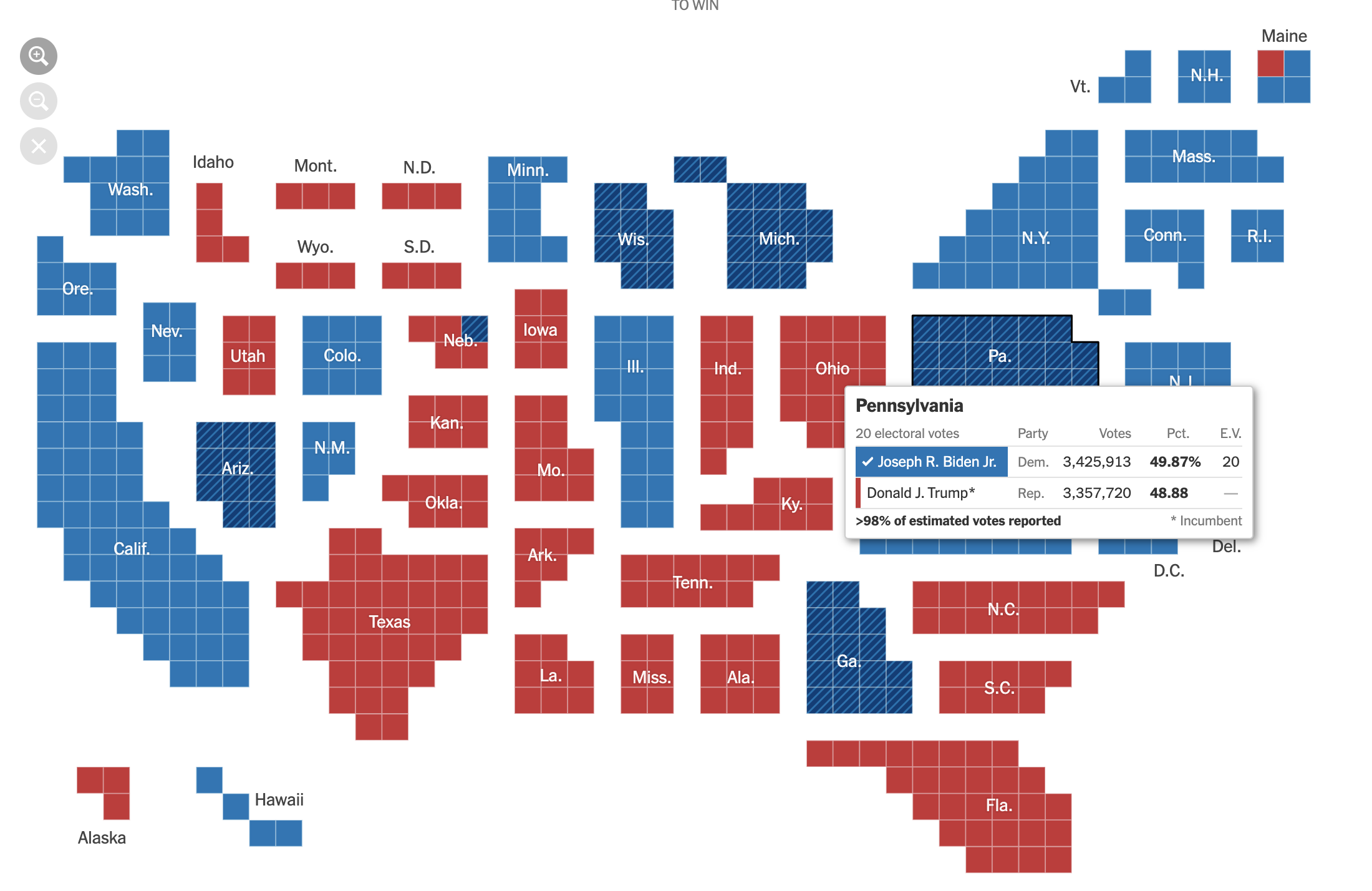 The New York Times' election map. The electoral college view is shown, where each state is made out of the same amount of circles as it has electoral college votes