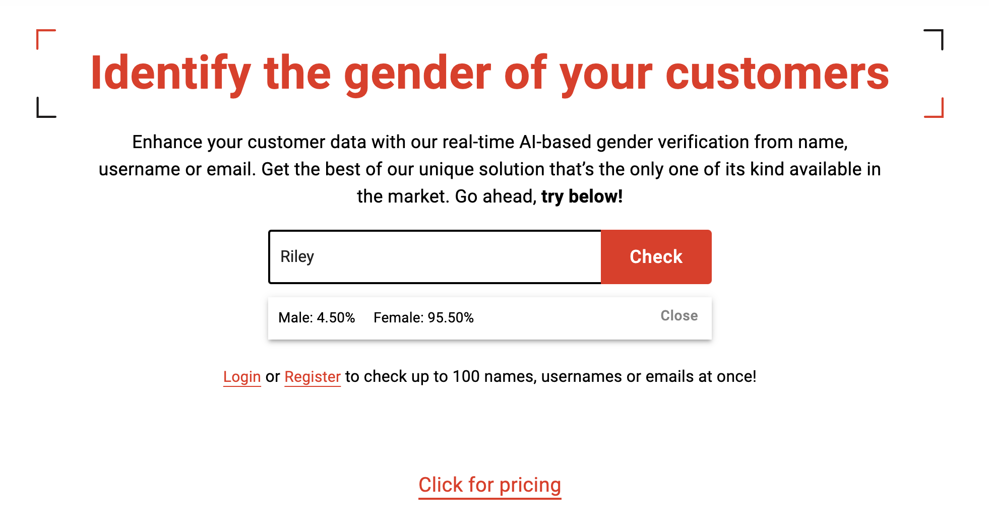 Search field of Genderify's website showing we searched for the name Riley. The results show two percentages: 4% likely to be male, 96% likely to be female