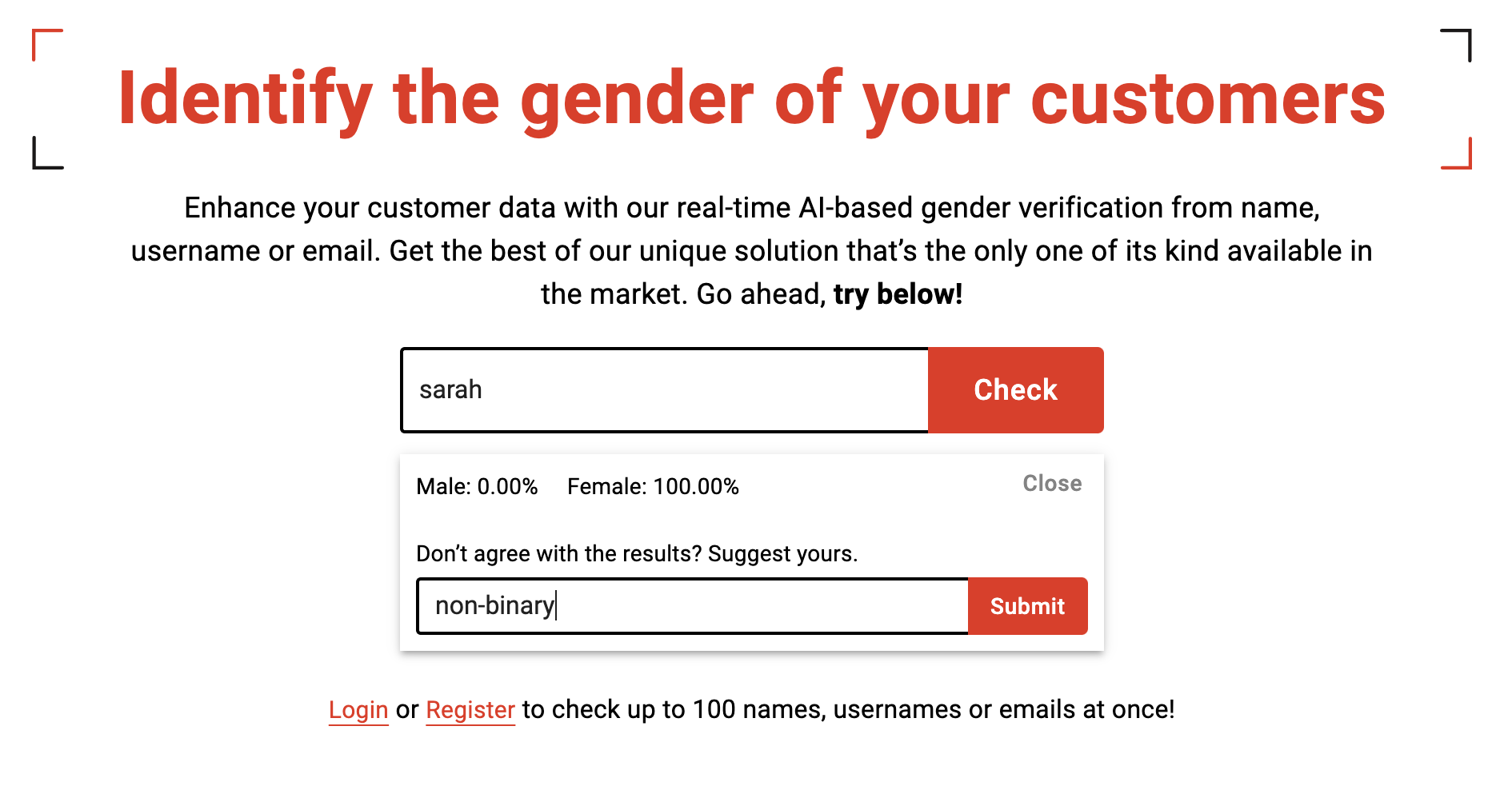 Screenshot of Genderify's new hompage, where after getting the results for a name there's an extra input box saying: Don't agree with the results, suggest yours. In the screenshot non-binary is entered as a correction for the name Sarah