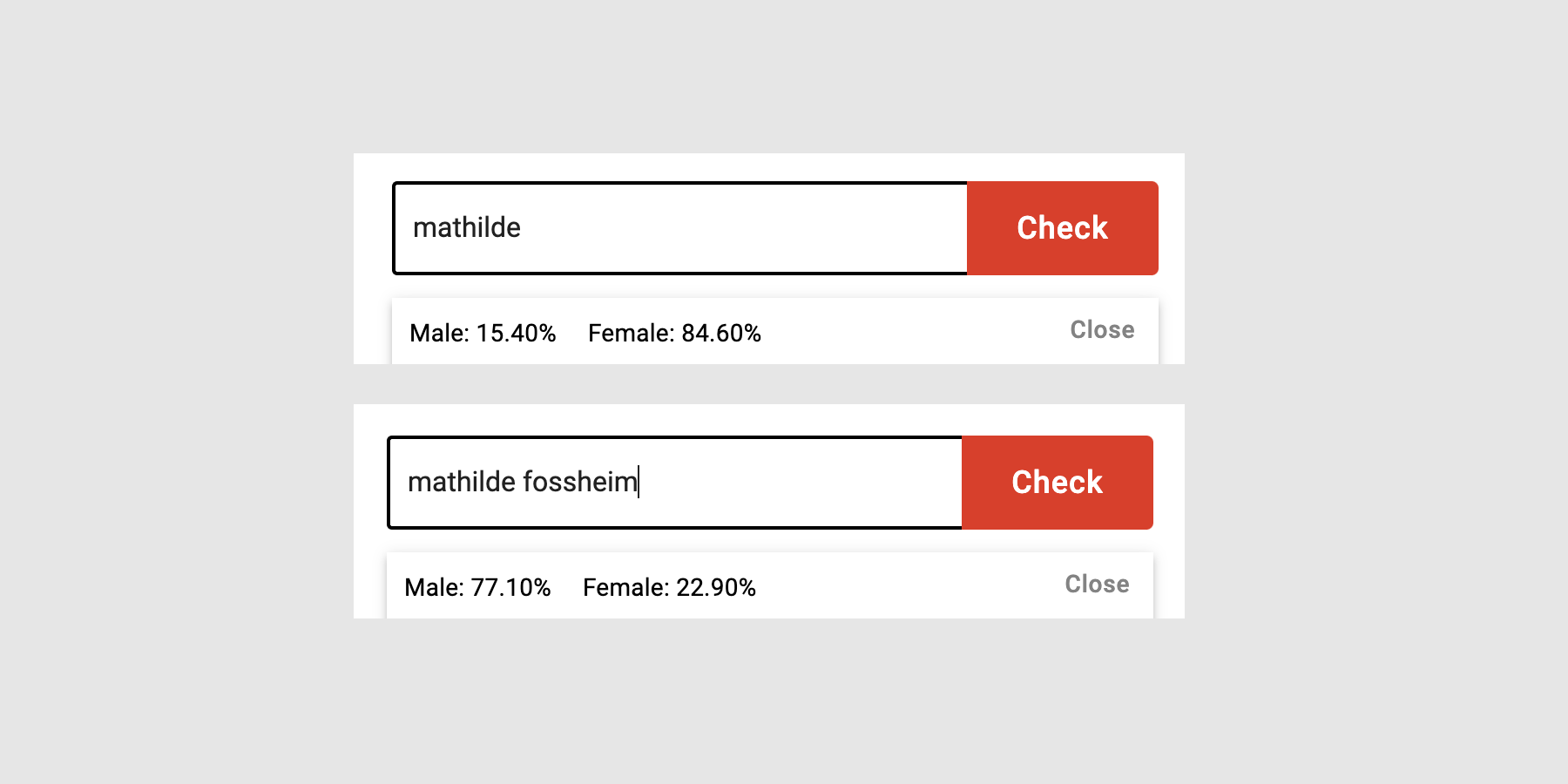 Screenshot of the results for Mathilde (85% chance of being a woman) versus Mathilde Fossheim (77% chance of being a man)