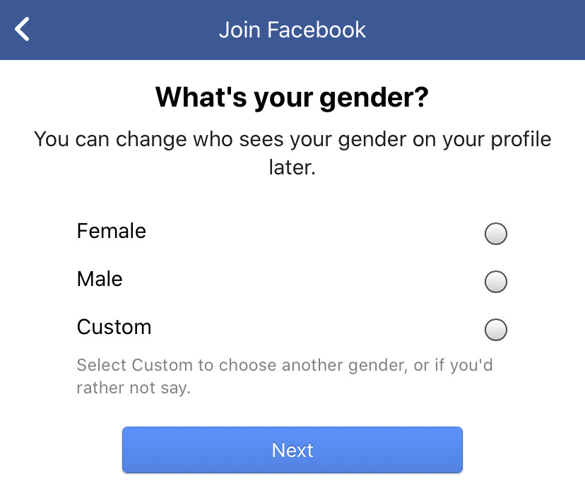Facebook's gender selector: three options, man, woman or custom