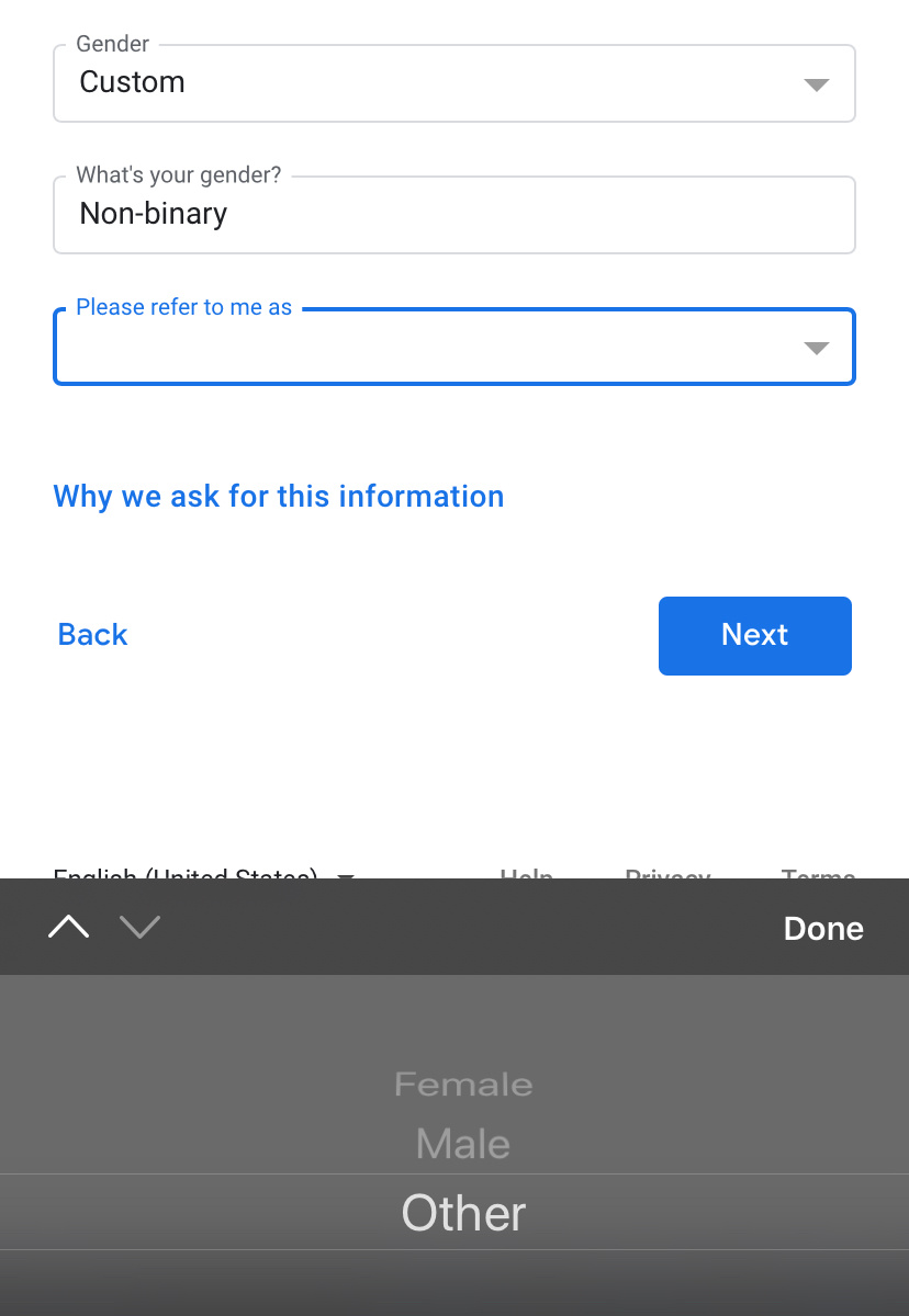 Gmail's gender selector: three options, man, woman or custom, and three options for pronouns: male, female, other