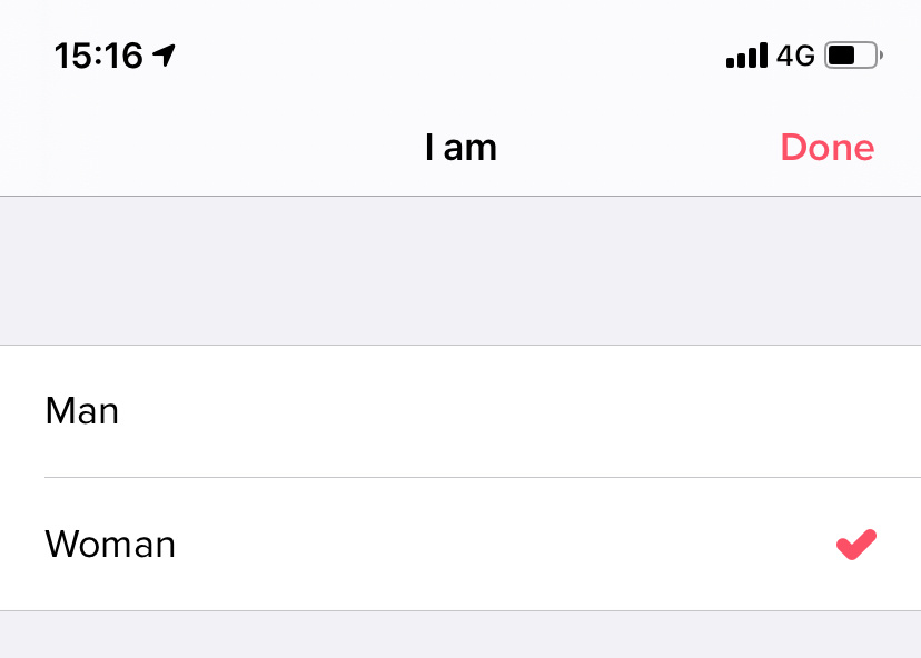 Tinder's gender selector: two options, man or woman
